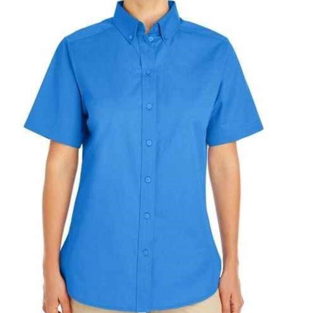 Harriton Women's Foundation Short-Sleeve Twill Shirt- Blue- Size 2X- New!